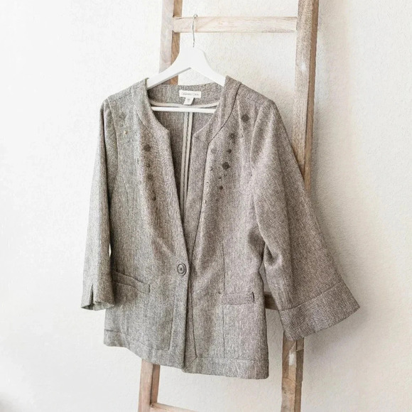 COLDWATER CREEK CROPPED BLAZER SZ 12 METALLIC THREAD GOLD HARDWARE 3/4 SLEEVES - Picture 1 of 11